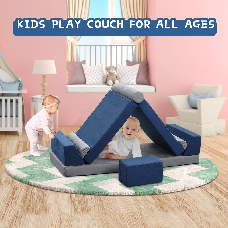 ZENOVA Kids Couch, 10PCS Modular Fold Out Play Couch Sofa for Toddler Playroom & Bedroom, Soft Foam Kids Explorer Furniture Play Set with Washable Covers