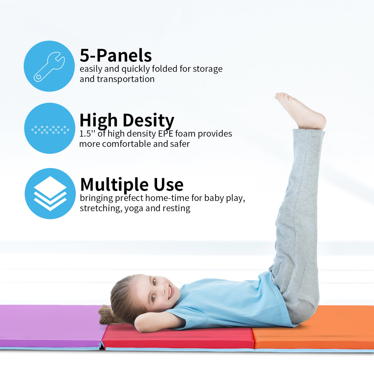 ZENOVA Gymnastics Mat 5-panel folding exercise mat 6’x2’x1.8”Lightweight Portable Kids’Tumbling Mat with Carrying Handles for Home Gym Workout & Active Play